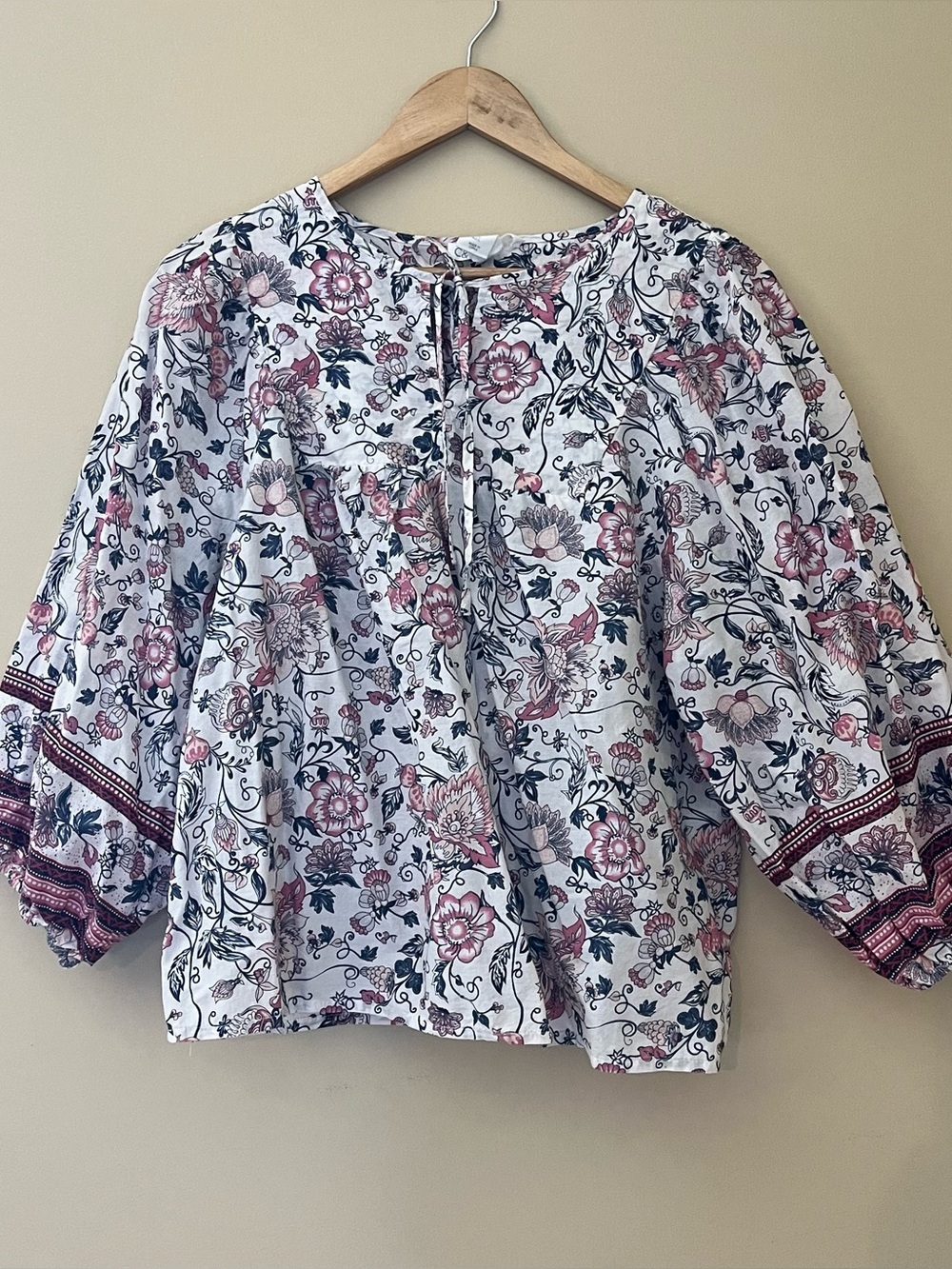 C & C California Women’s Blouse Boho Hippie Peasant Floral Balloon Sleeve Size L